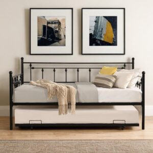 Zevemomo Twin Metal Daybed with Trundle, Black Twin Size Metal Sofa Bed Daybed with Pull Out Trundle Bed for Bedroom Living Guest Room, Heavy-Duty Day Bed No Box Spring Needed, Easy Assembly