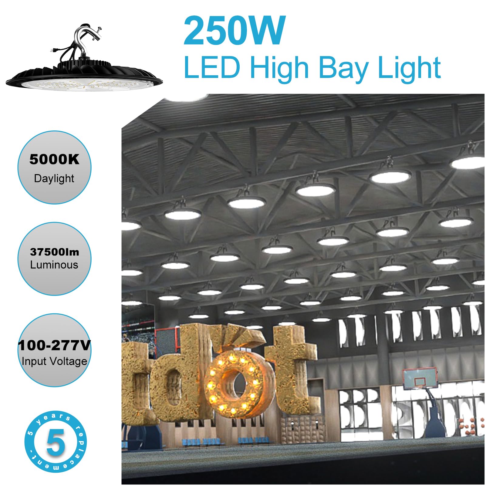 Lightdot 12Pack 250W LED High Bay Light 37500lm Commercial Bay Lighting, AC100-277V UFO LED High Bay Shop Light, High Bay LED Light Suit for 30~40Ft Height