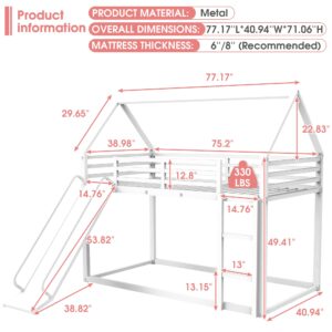 DreamBuck Bunk Bed Twin Over Twin, Metal House Shaped Bunk Bed with Convertible Slide and Ladder, Low Bunkbeds with High Guardrail for Kids Girls Boys, No Box Spring Needed, Without Noise, White