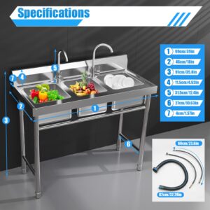 3 Compartment Sink Commercial Kitchen Sink with 2 Hot & Cold Faucet Stainless Steel Outdoor Sink Freestanding Utility Sink for Restaurant Laundry Each Sink 11"L x 9"W x 7"H