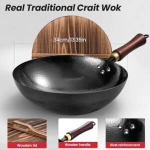 UMETRE Carbon Steel Wok Pan, 13.5″Woks & Stir-Fry Pans with Wooden Lid Cookwares, Nonstick Wok, No Chemical Coated Round Bottom Hand Hammered Chinese Wok For Gas