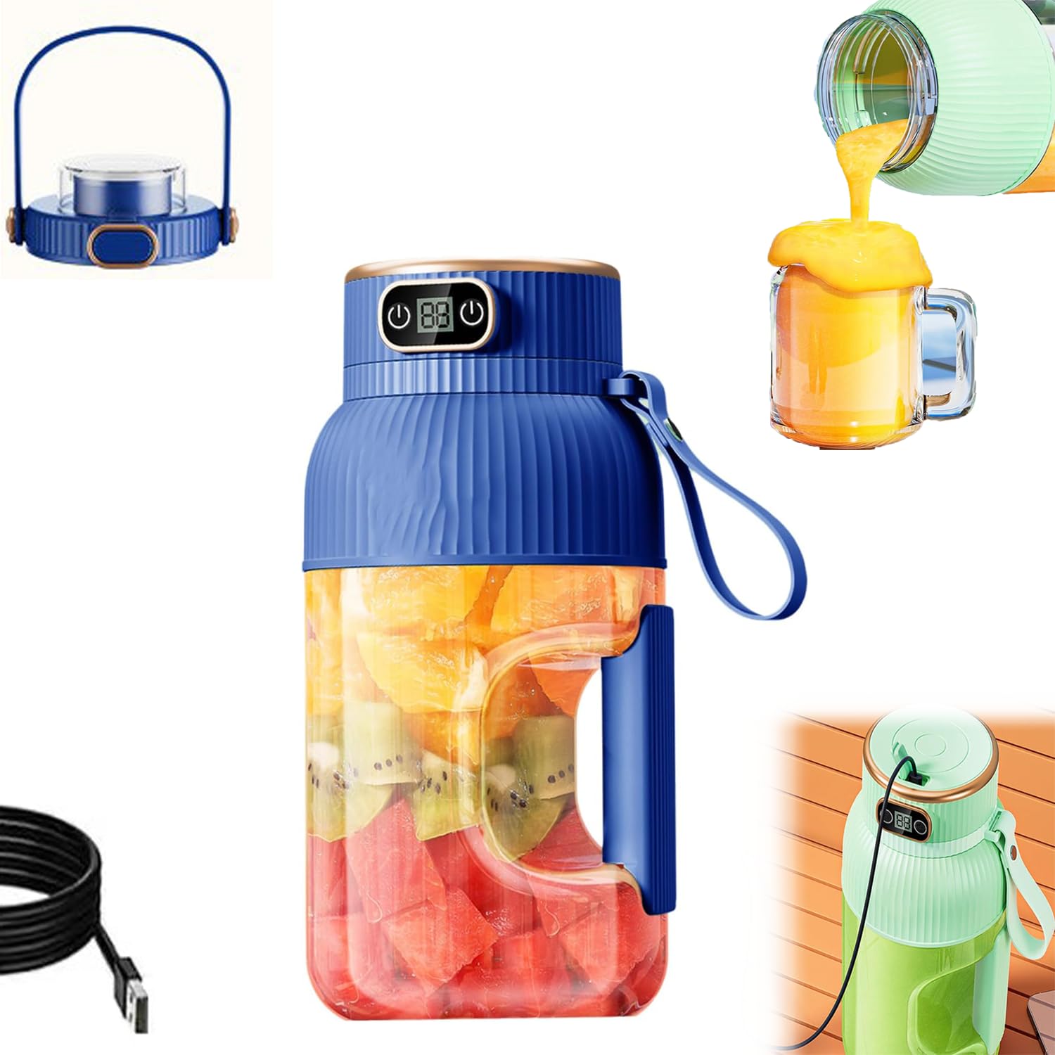 Yulyoie Multifunctional Portable Juicer Cup with Digital Display, Portable Smoothie Blender on the Go, Juice Cup Blender, USB Rechargeable (blue)