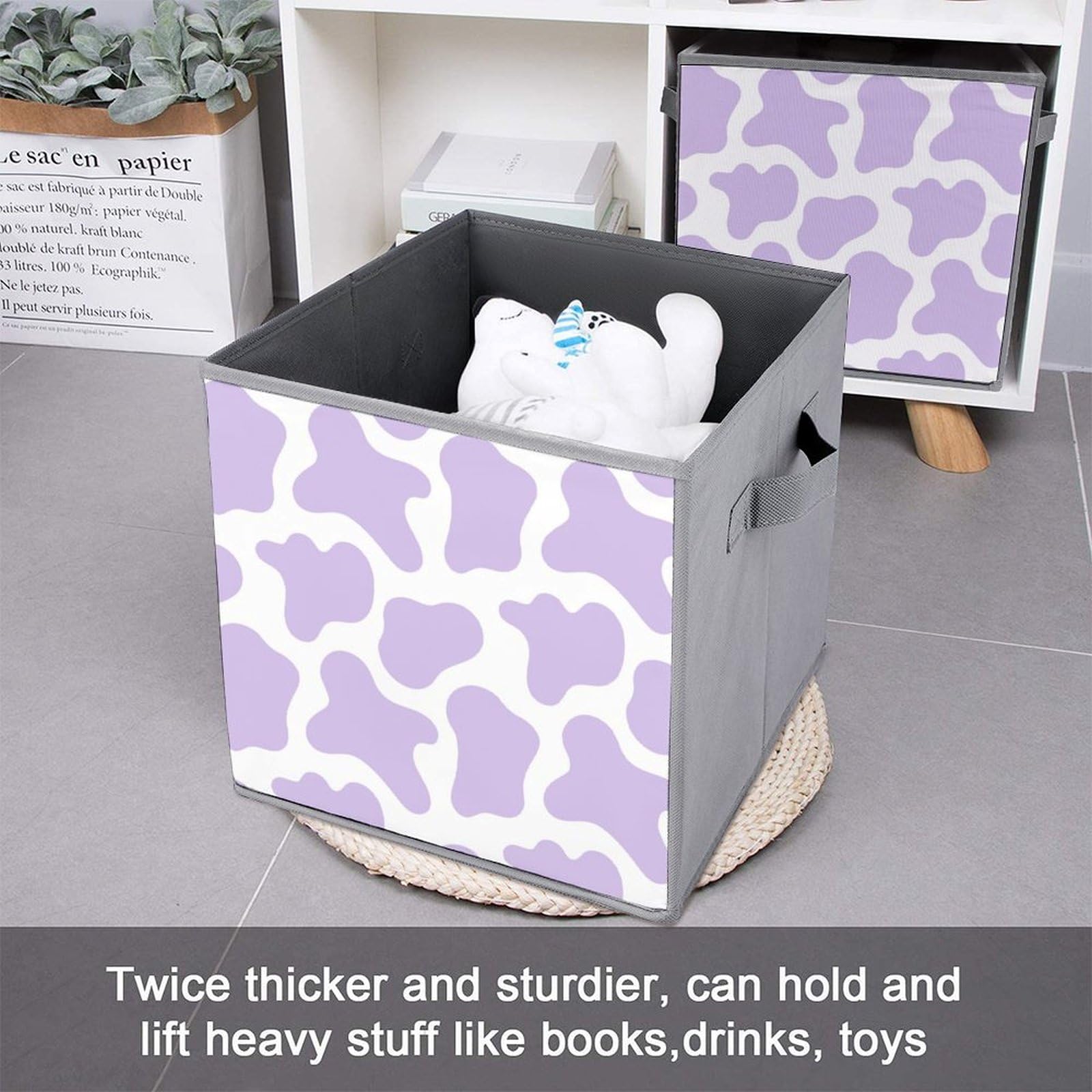 OPOZSDF Collapsible Storage Bin 10.6 x10.6 Inch Decorative Cube Organizers, Storage Basket Bin Compatible with Cow Print Purple Cube Box with Handles, 1 Pack