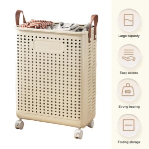 curfair Laundry Basket Foldable with Wheels, Collapsible Laundry Hamper, Slim Laundry Basket Organizer Wheeled Laundry Basket Plastic, Dirty Clothes Basket for College Dorm, Bathroom White M