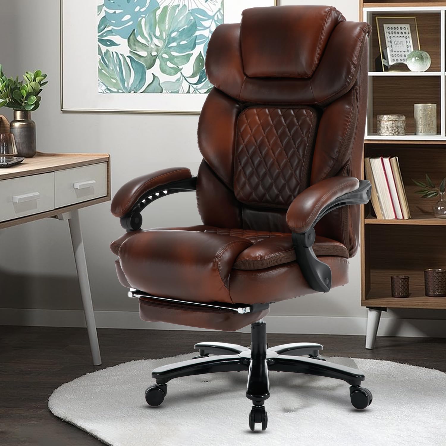 Comermax Big Tall Reclining Office Desk Chairs with Footrest Back Support Wide Seat PU Leather Ergonomic Recliner Managerial Executive Office Chair with Wheels Plus Size, Black Brown