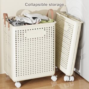 curfair Laundry Basket Foldable with Wheels, Collapsible Laundry Hamper, Slim Laundry Basket Organizer Wheeled Laundry Basket Plastic, Dirty Clothes Basket for College Dorm, Bathroom White M