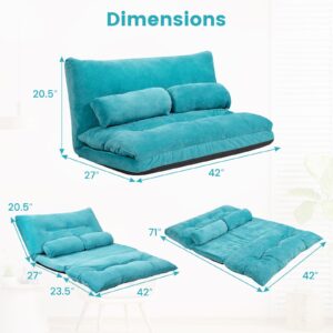 Moccha Convertible Floor Sofa Bed, 6-Position Adjustable Folding Sleeper Bed Lazy Sofa with 2 Pillows & Corduroy Fabric, Foldable Sofa Couch Recliner for Reading, Gaming, Sleeping, Playing, Turquoise