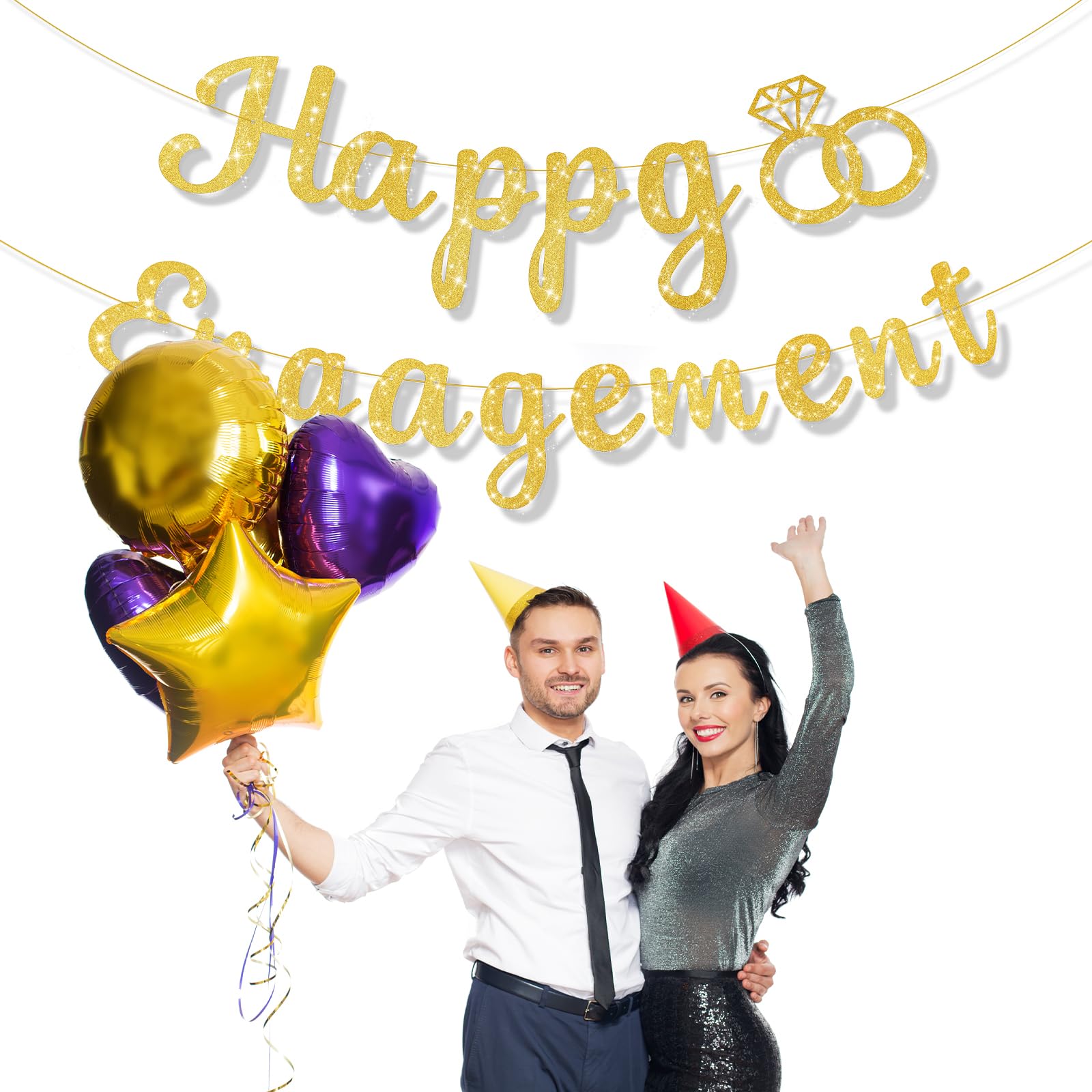 Happy Engagement Banner, Glitter Gold Congratulations Wedding Decorations Marriage Proposal Just Engaged Banner for Bride-To-Be Groom-To-Be Lovers Anniversary Party Supplies (Unassembled)