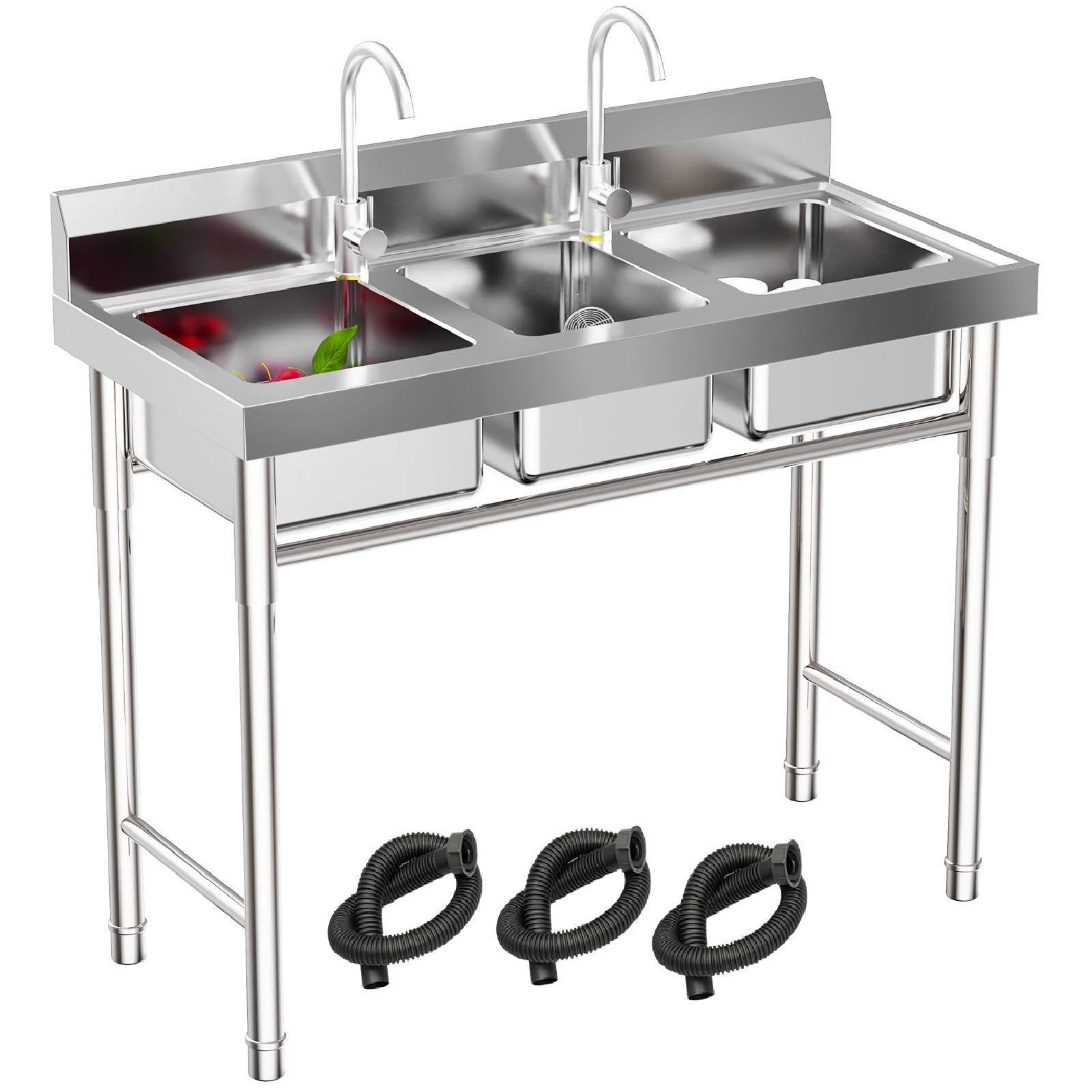 3 Compartment Sink Commercial Kitchen Sink with 2 Hot & Cold Faucet Stainless Steel Outdoor Sink Freestanding Utility Sink for Restaurant Laundry Each Sink 11"L x 9"W x 7"H