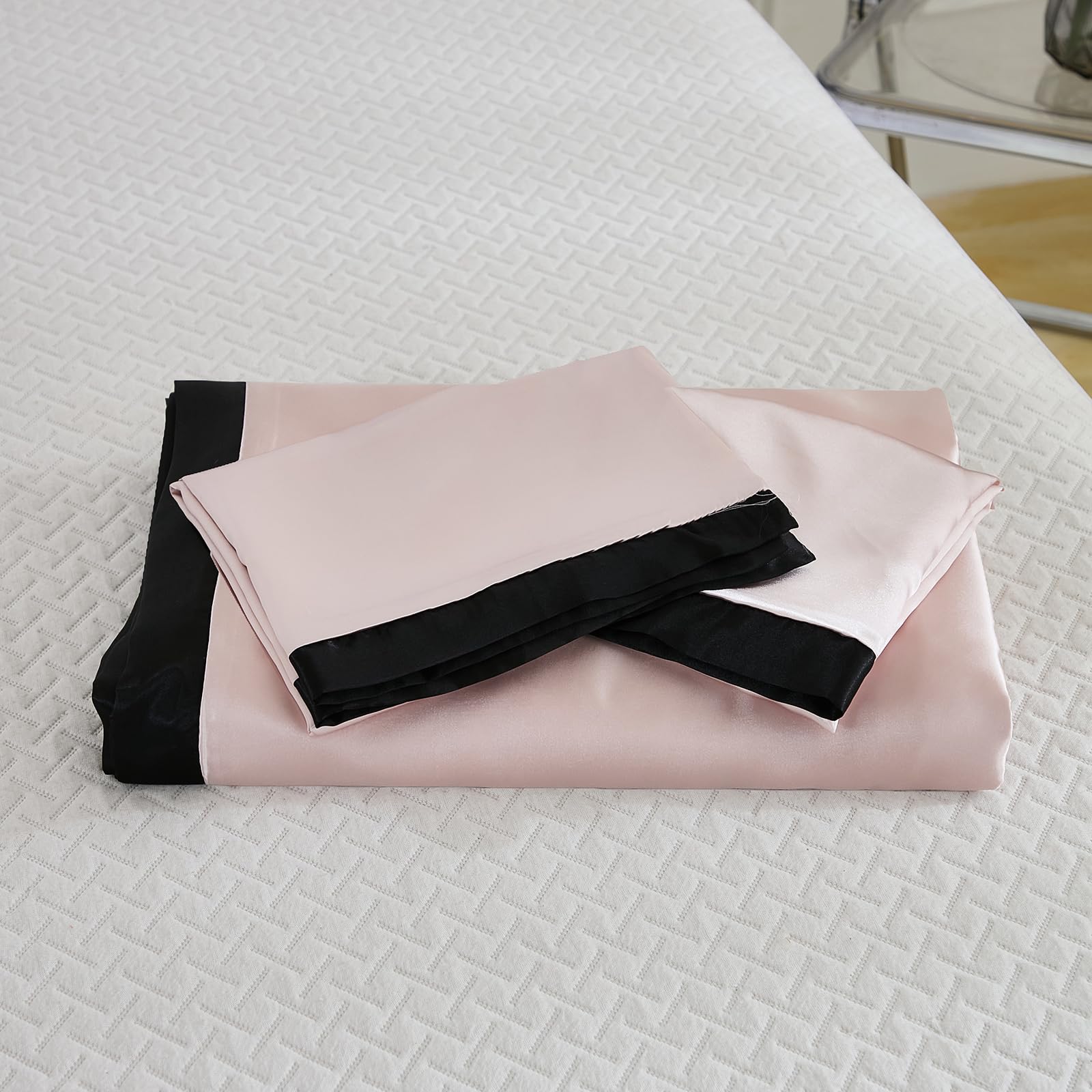 Satin Bedding Set Twin Pink Silky Duvet Cover Sets Luxury Silk Like Satin Comforter Cover Black Ruffle Bedding Sets 1 Duvet Cover 1 Pillow Sham (Twin, Pink)