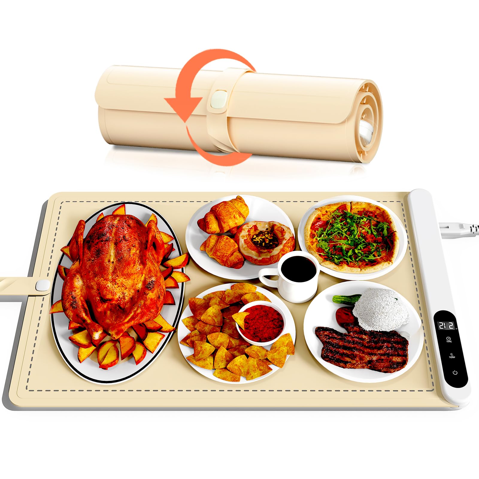 Electric Warming Tray, 6 Temperature Setting & 6 Timer Functions Warming Mat for Food, Fast Heating, 6 Hours Auto-off, Food Warmers for Parties Buffets Gatherings Daily Use, White