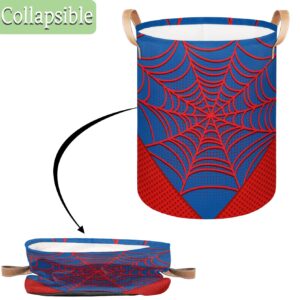 Large Laundry Hamper Basket Blue Spider Web Round Collapsible Storage Organizer Bin for Kids Room, Boys, Nursery, Closet, Bedroom, Playroom, Toys, Dirty Clothes, 16"W x 20"H