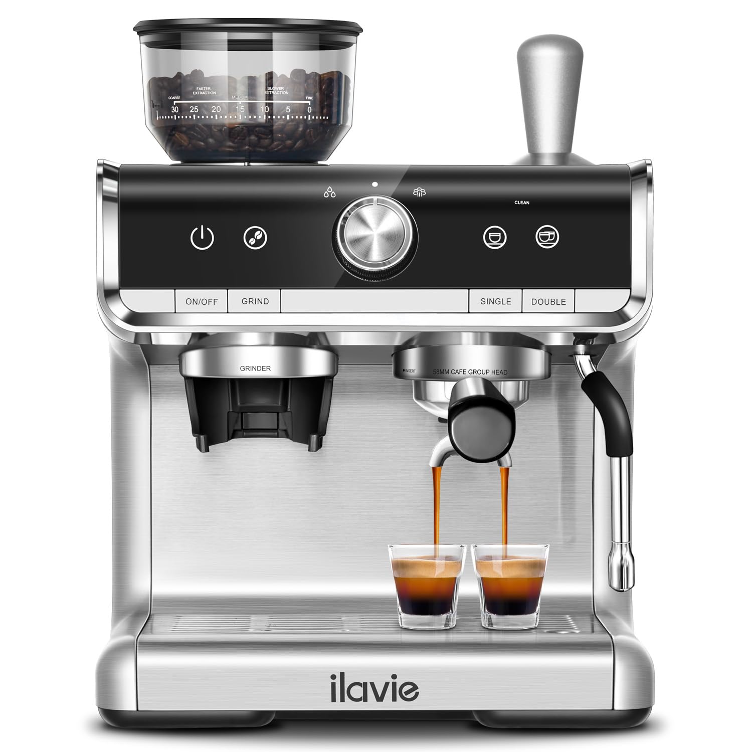 ILAVIE Espresso Coffee Machine 20 Bar for Home Office, Professional Cappuccino Latte Machines with Milk Frother, 2.8L Removable Water Tank, Espresso Maker with Grinder