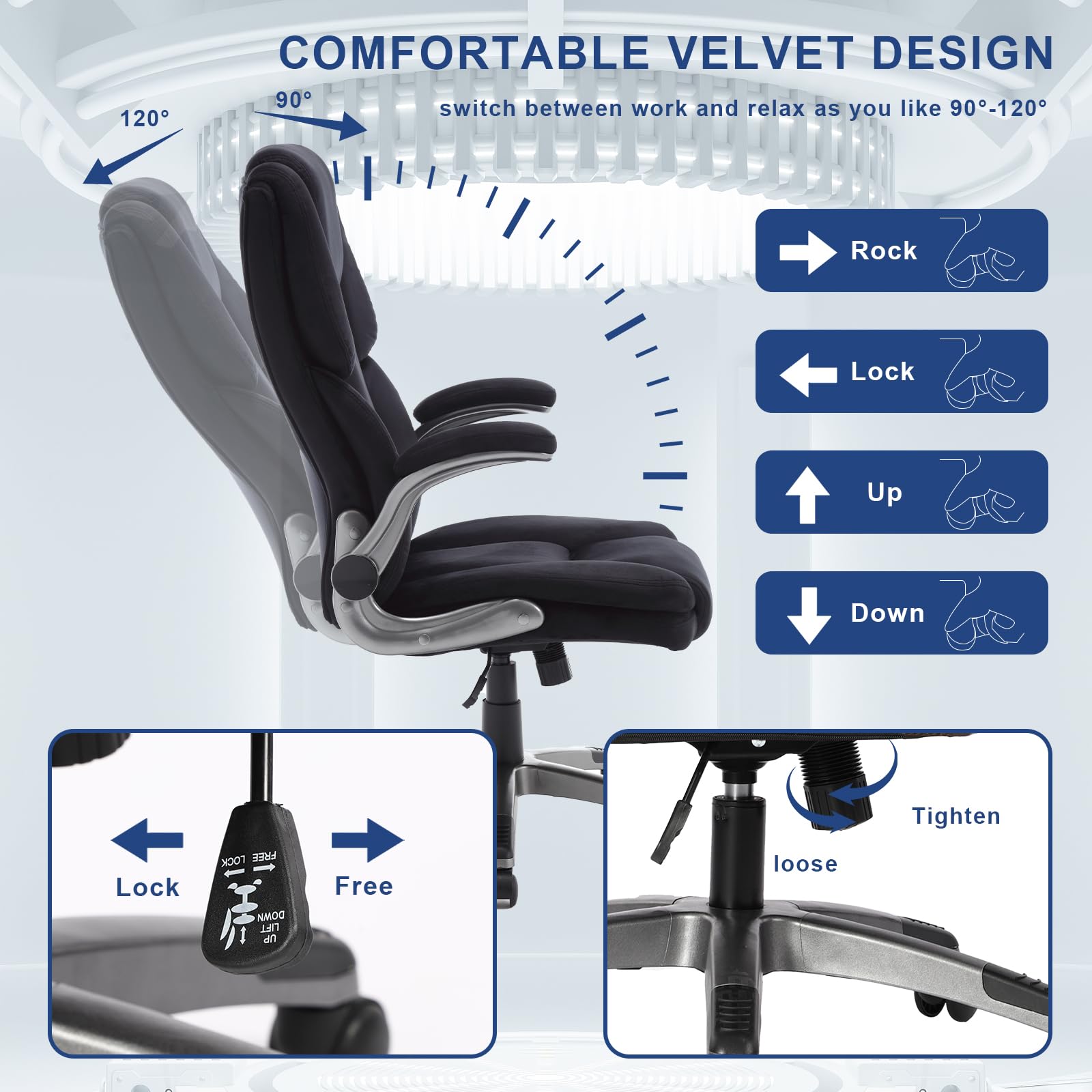 KCREAM Velvet Office Chair,Fabric Excutive Office Chair with Flip up Arms,High Back Ergonomic Office Chair Home Office Desk Task Chair Adjustable Swivel Chair with Wheels & Rocking Function,Black