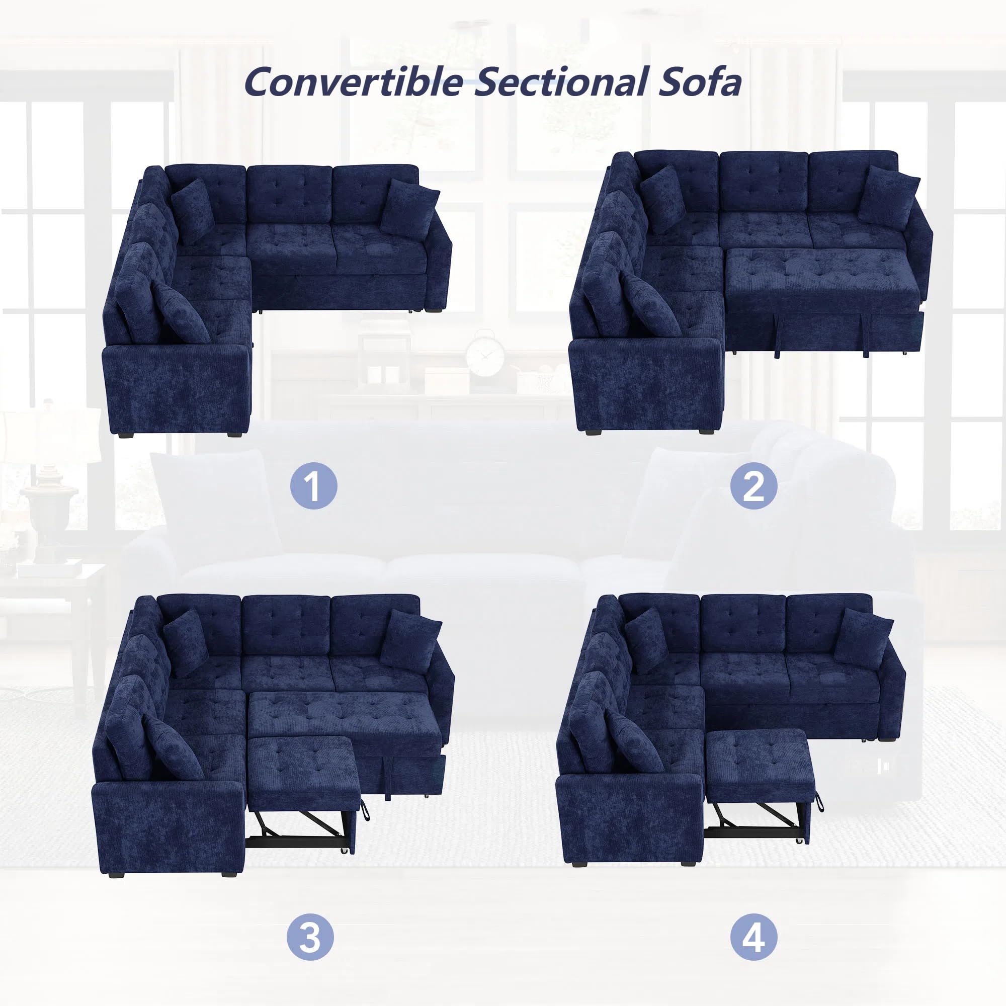 ChicFurnit Sofa Bed,Convertible Sleeper Sofa with Pull-Out Bed & Discreet Wheels,Modern 82.6'' L-Shape Upholstered Couch Bed with Integrated USB Ports and Power Sockets for Living Rooms,Navy Blue