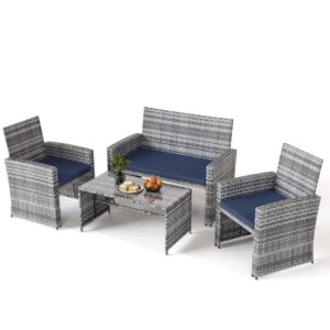 Poteban Wide Armrest Outdoor Patio Furniture Set,4 Pieces Rattan Sectional Sofa with Tempered Glass Coffee Table and Cushions for Family Gatherings,Balcony Pool, Garden(Grey/Navy Blue)