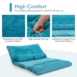 Moccha Convertible Floor Sofa Bed, 6-Position Adjustable Folding Sleeper Bed Lazy Sofa with 2 Pillows & Corduroy Fabric, Foldable Sofa Couch Recliner for Reading, Gaming, Sleeping, Playing, Turquoise