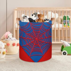 Large Laundry Hamper Basket Blue Spider Web Round Collapsible Storage Organizer Bin for Kids Room, Boys, Nursery, Closet, Bedroom, Playroom, Toys, Dirty Clothes, 16"W x 20"H