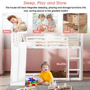 DreamBuck Bunk Bed Twin Over Twin, Metal House Shaped Bunk Bed with Convertible Slide and Ladder, Low Bunkbeds with High Guardrail for Kids Girls Boys, No Box Spring Needed, Without Noise, White