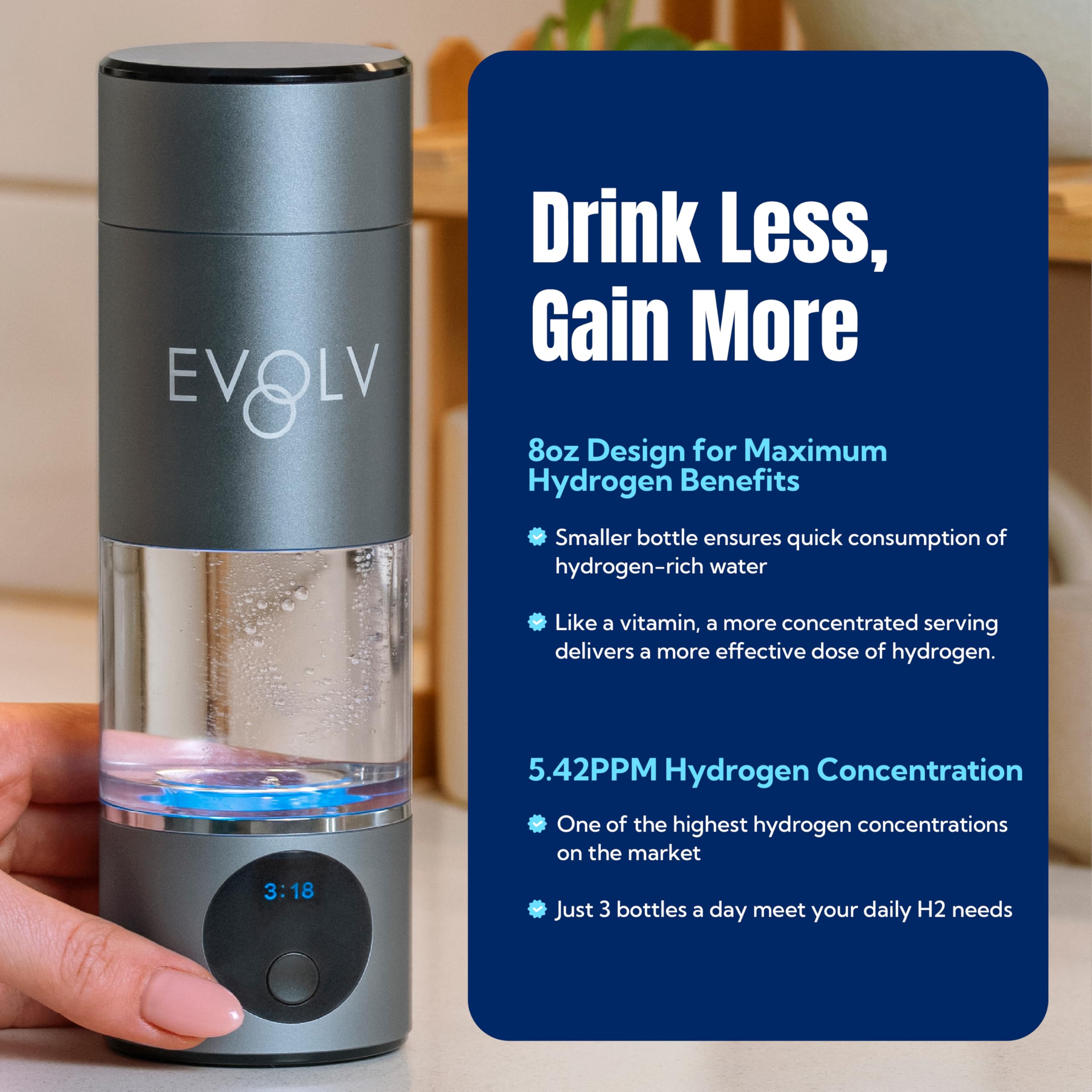 EVOLV Hydrogen Water Bottle Generator - SPE & PEM Water Ionizer 5.42PPM, Highest Concentrated Dose - 8oz Hydrogenated Water Bottle for Improved Energy & Inflammation Support - Convenient & Easy to Use