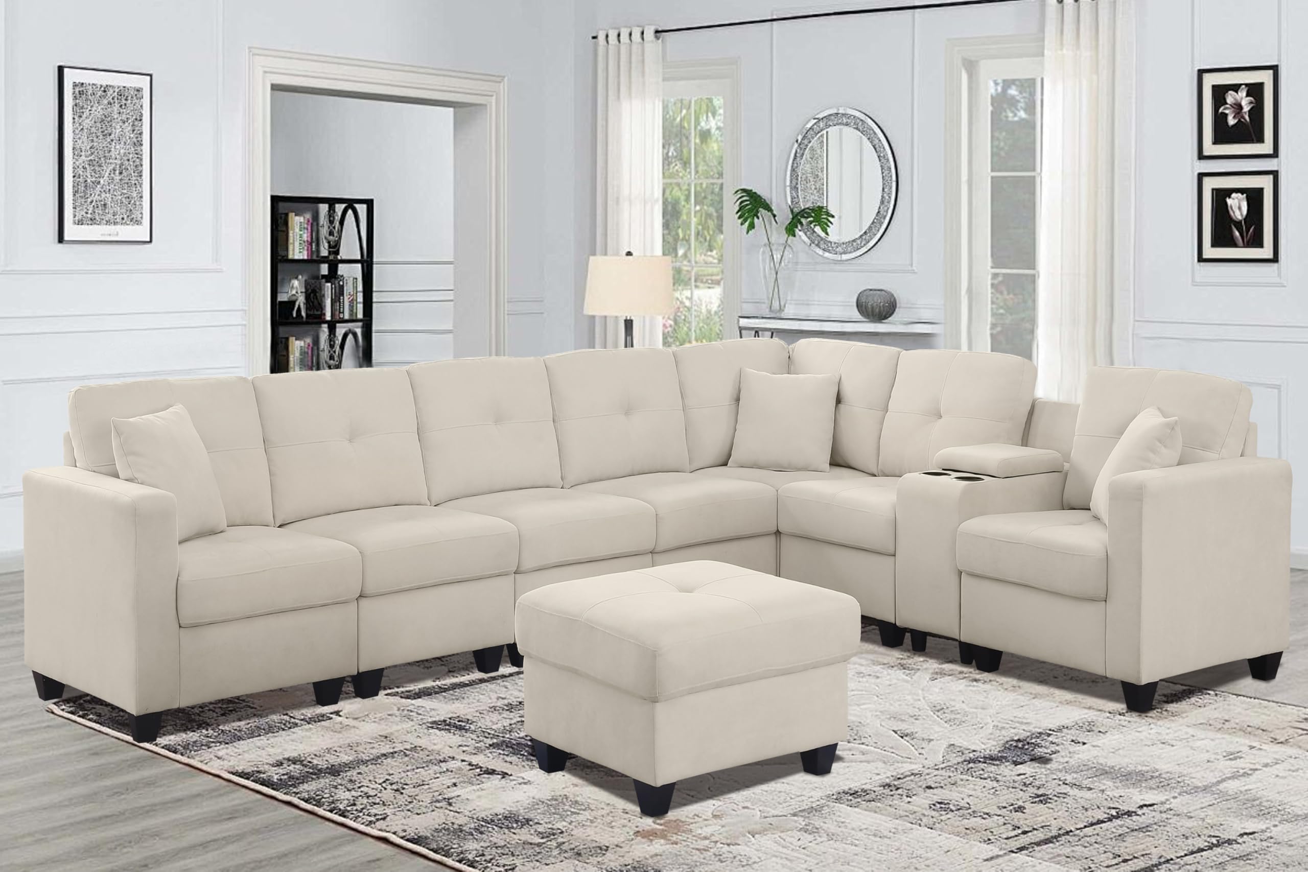 Ball & Cast 127" Convertible Sectional Sofa Couch with Removable Ottoman and Cup Holder,6 Seat Modular Living Room Furniture Sets with 2 Pillows & USB Port,for Lounge,Apartment,Beige