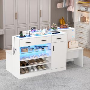 wardrobe armoire closet with charging & led light,walk-in closet island dresser with glass showcase,3 drawers & doors, modern storage display cabinet with bench for bedroom,fitting room & shops（white）