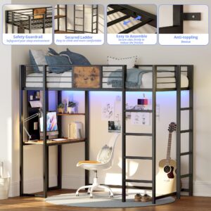 LIKIMIO Twin Metal Loft Bed with Desk and Shelves for Teens Adult, Loft Bed Frame with 2 Built-in Ladders, Power Outlet and LED Lighted, Space-Saving, Safety Guard & Ladder, Noise Free, Black