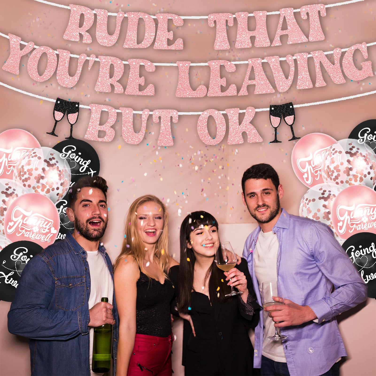 RUDE THAT YOU'RE LEAVING BUT OK Banner & Cake Toppers & Balloons, Going Away Party Decorations, Office Coworker Goodbye Party, Retirement Party Decoration, Graduation Party Decorations(Rose Gold)