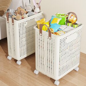 curfair Laundry Basket Foldable with Wheels, Collapsible Laundry Hamper, Slim Laundry Basket Organizer Wheeled Laundry Basket Plastic, Dirty Clothes Basket for College Dorm, Bathroom White M