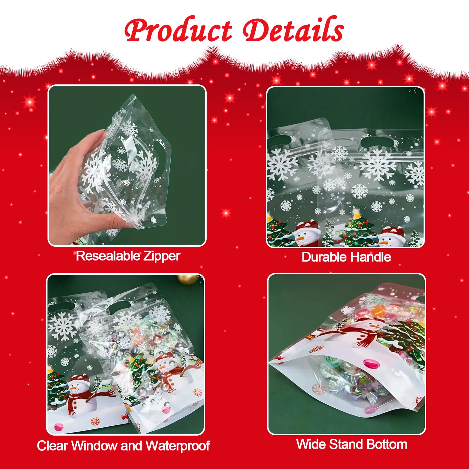 Rikolto Resealable Christmas Zip Lock Bags 50PCS Clear Christmas Cookie Sealing Bags with Handles Snowman Plastic Bags for Xmas Holiday Party Candy Small Gift Wrapping Supplies Decor