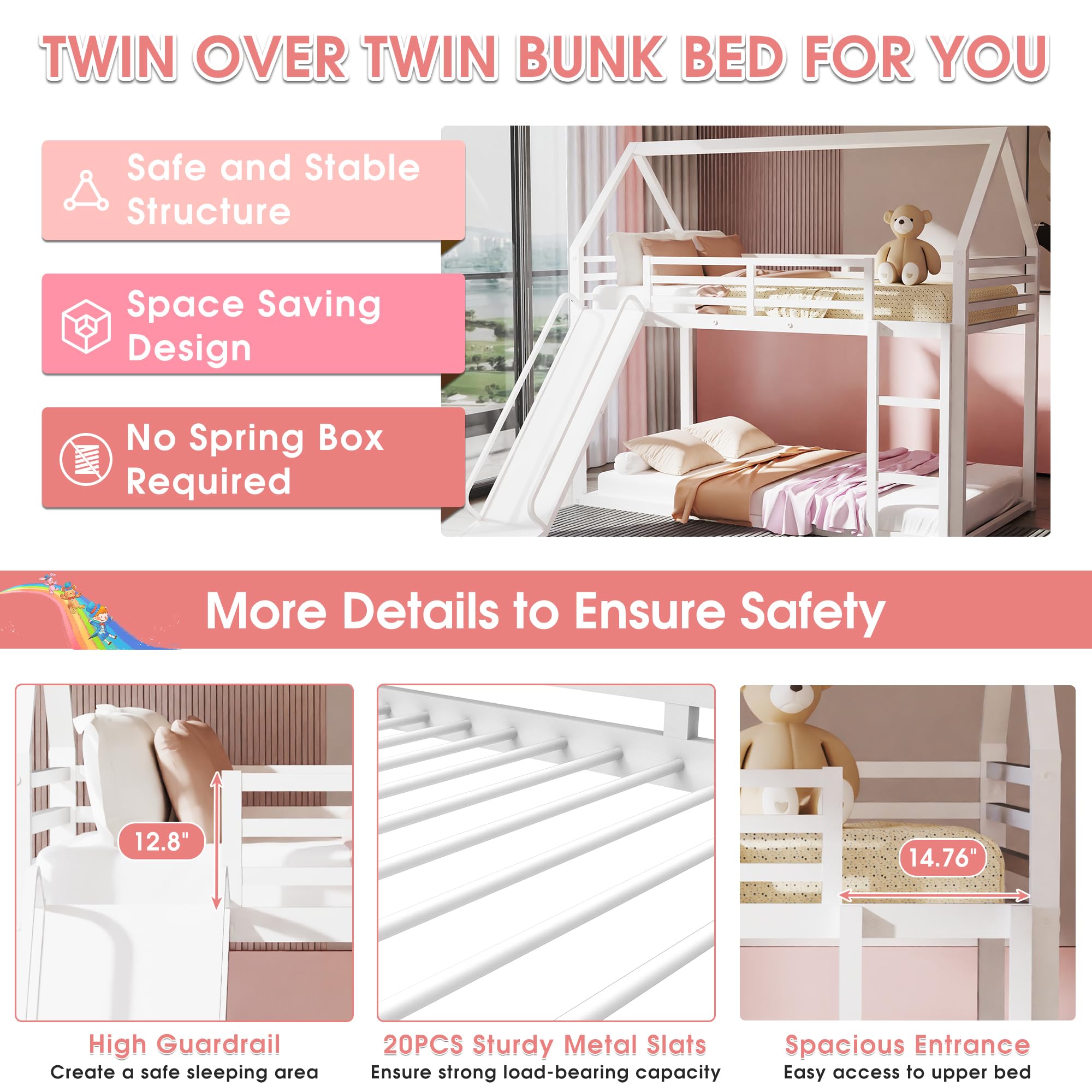 DreamBuck Bunk Bed Twin Over Twin, Metal House Shaped Bunk Bed with Convertible Slide and Ladder, Low Bunkbeds with High Guardrail for Kids Girls Boys, No Box Spring Needed, Without Noise, White