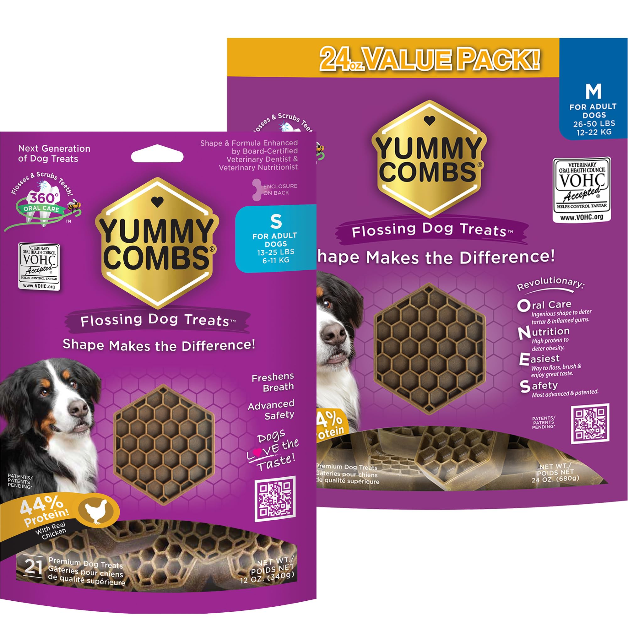 Yummy Combs - Dog Dental Treats | Removes Tartar - Vet VOHC Approved | A Yummy Treat for Teeth Cleaning - Chicken Protein | Small 12oz and Medium 24oz