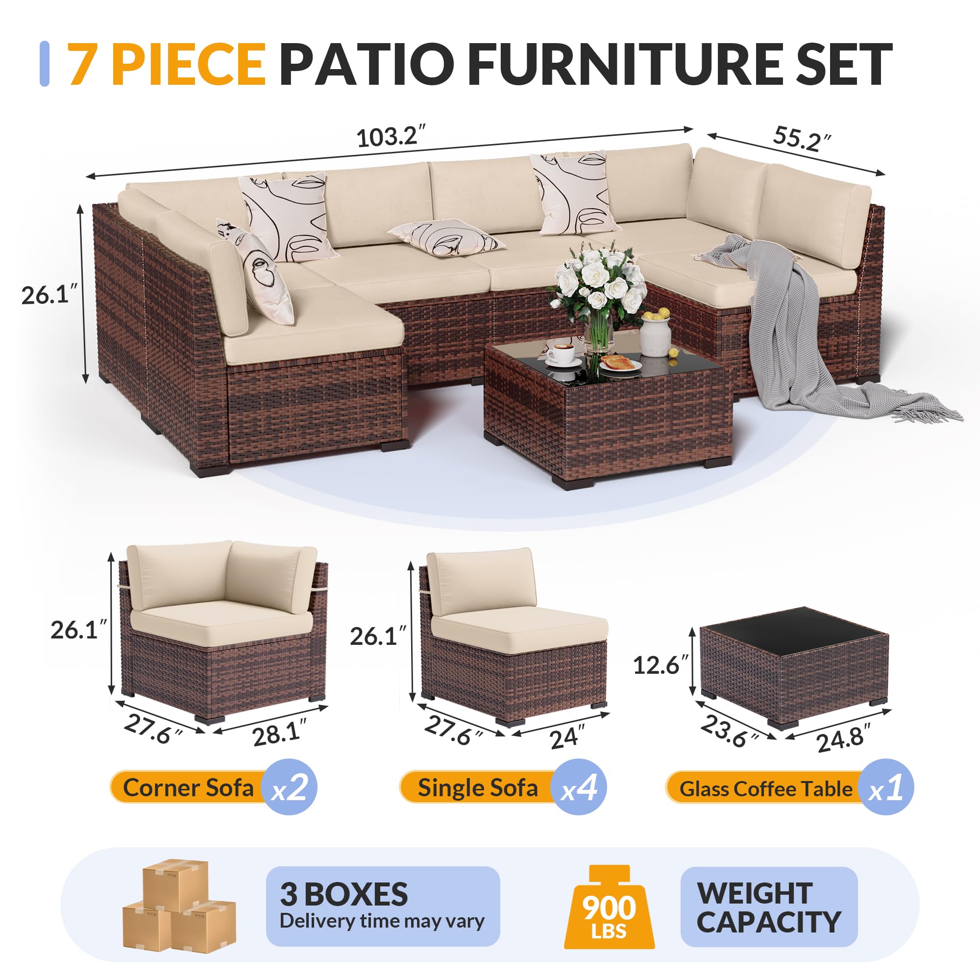 Patio Furniture Set, 7 Pieces Outdoor Modular Conversation Set Wicker Sectional Sofa for All Weather Rattan Patio Couch for Porch Garden Backyard Balcony Poolside (Khaki)