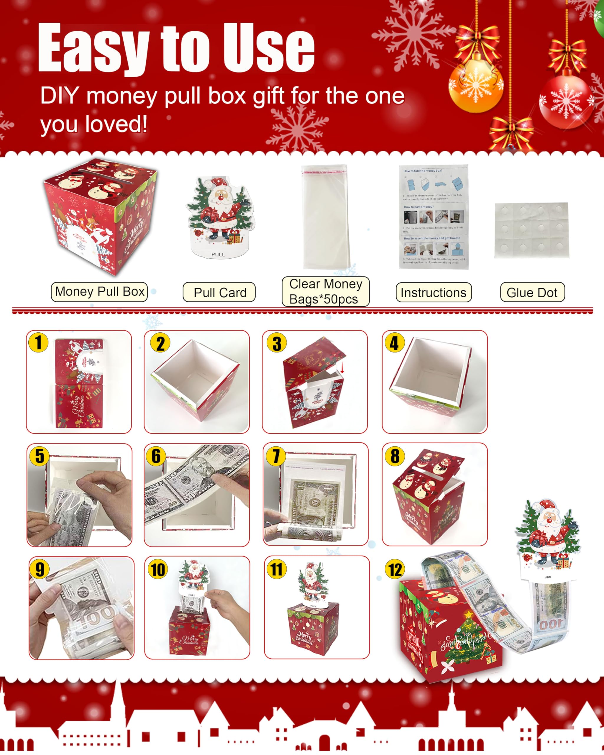 Thosefun Christmas Party Favors Money Box for Cash Gift Pull, THOSEFUN Surprise Box Gift Box for Money with 50 Bags, Money Gift Boxes for Cash Gift Ideas for Women Kids Girls Boys (Santa Tree)