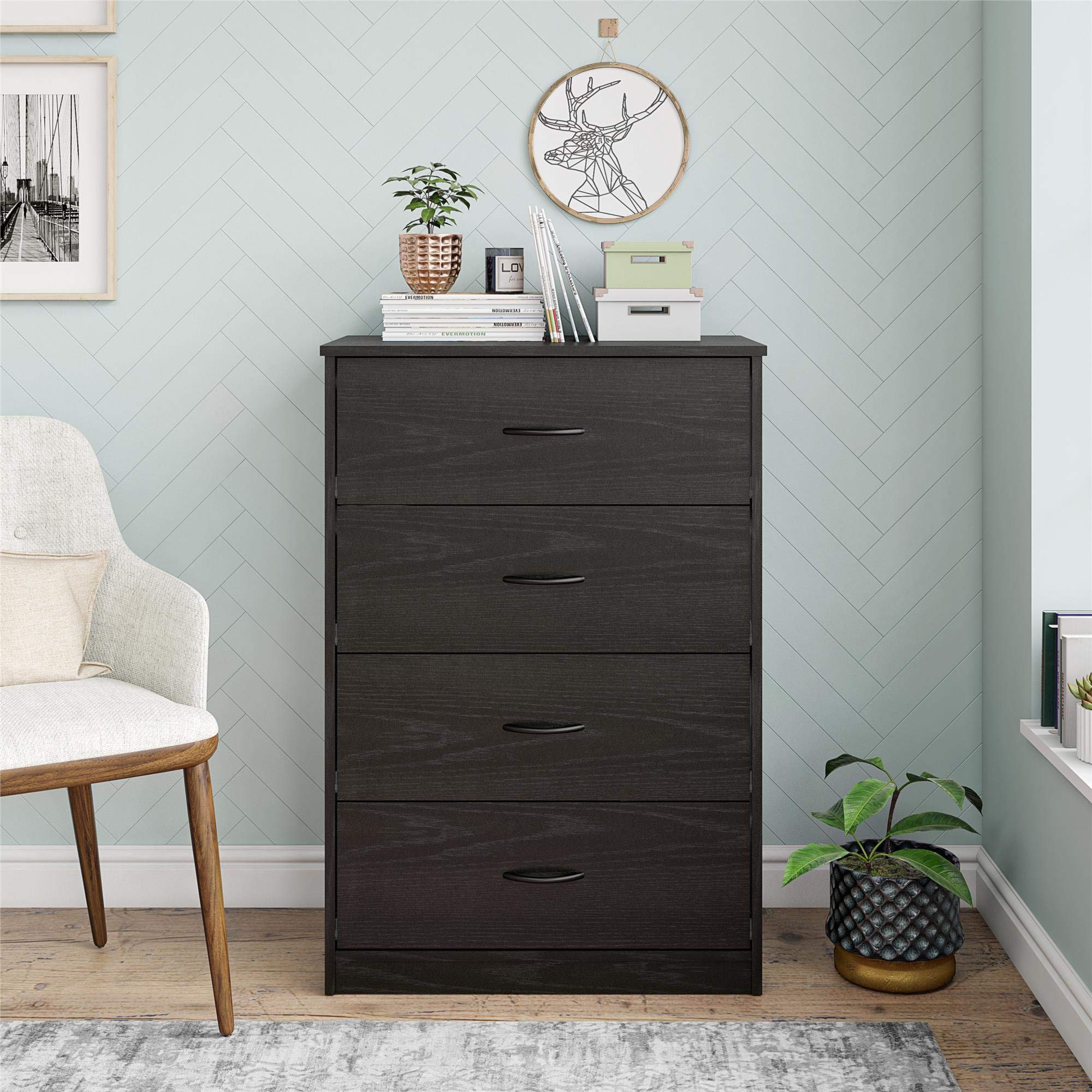 Ameriwood Home Everly Tall 4-Drawer Dresser, Black Oak