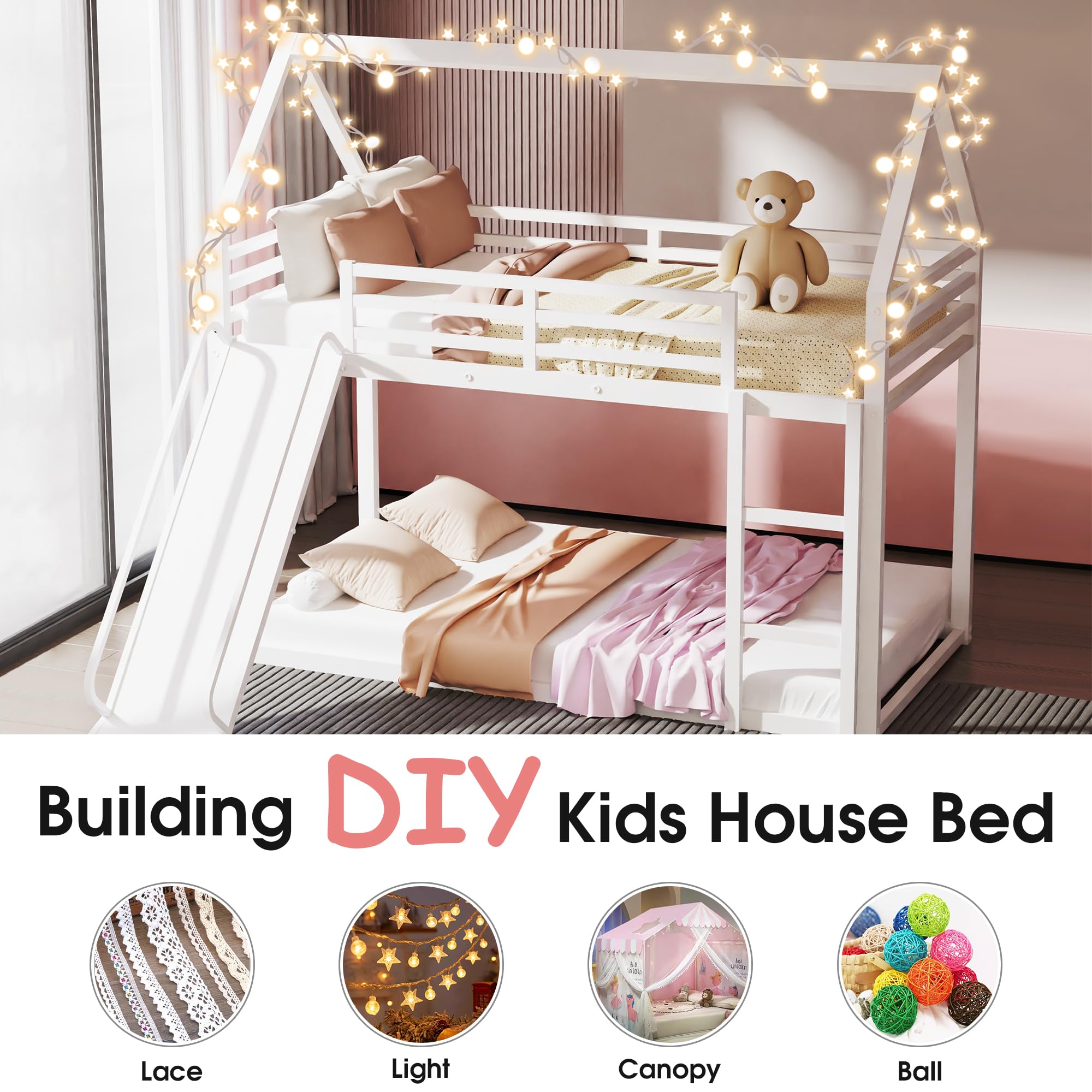 DreamBuck Bunk Bed Twin Over Twin, Metal House Shaped Bunk Bed with Convertible Slide and Ladder, Low Bunkbeds with High Guardrail for Kids Girls Boys, No Box Spring Needed, Without Noise, White