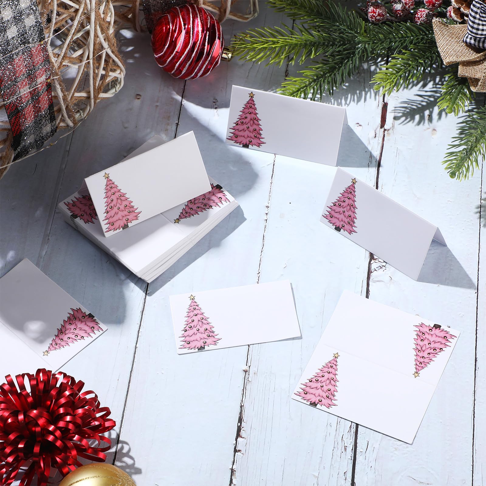 Fumete 100 Pcs Christmas Place Cards for Table Setting Pink Christmas Tree Name Place Cards Tented Folded Name Place Cards Holders for Dinner Brunch Table Decorations Xmas Holiday Party Supplies