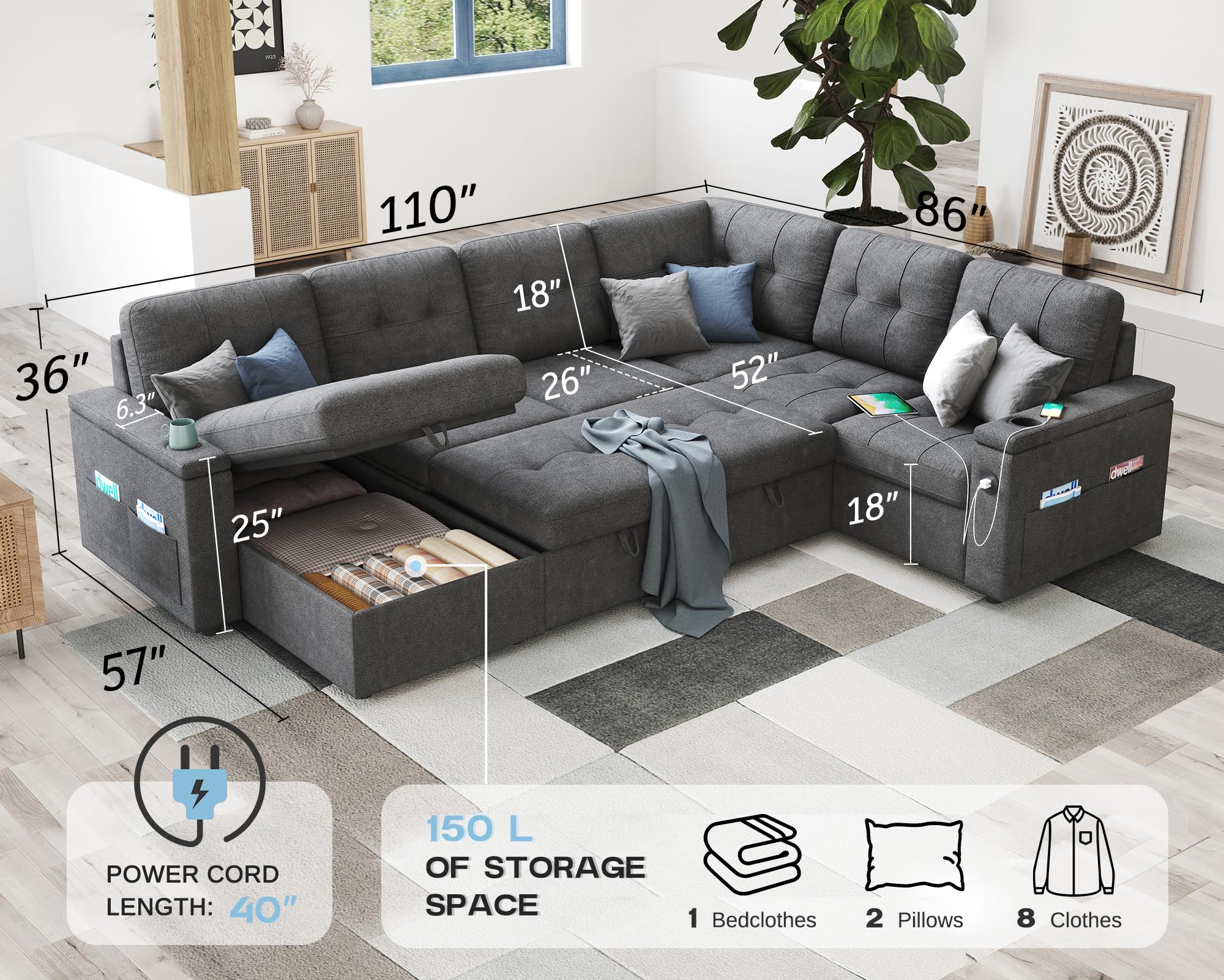 PaPaJet Sleeper Sofa Bed, 110 Inch Oversized Sofa with 2 USB Charging Ports & Cup Holders, U Shaped Pull Out Couch with Storage Chaise & 3 Seater- Dark Grey