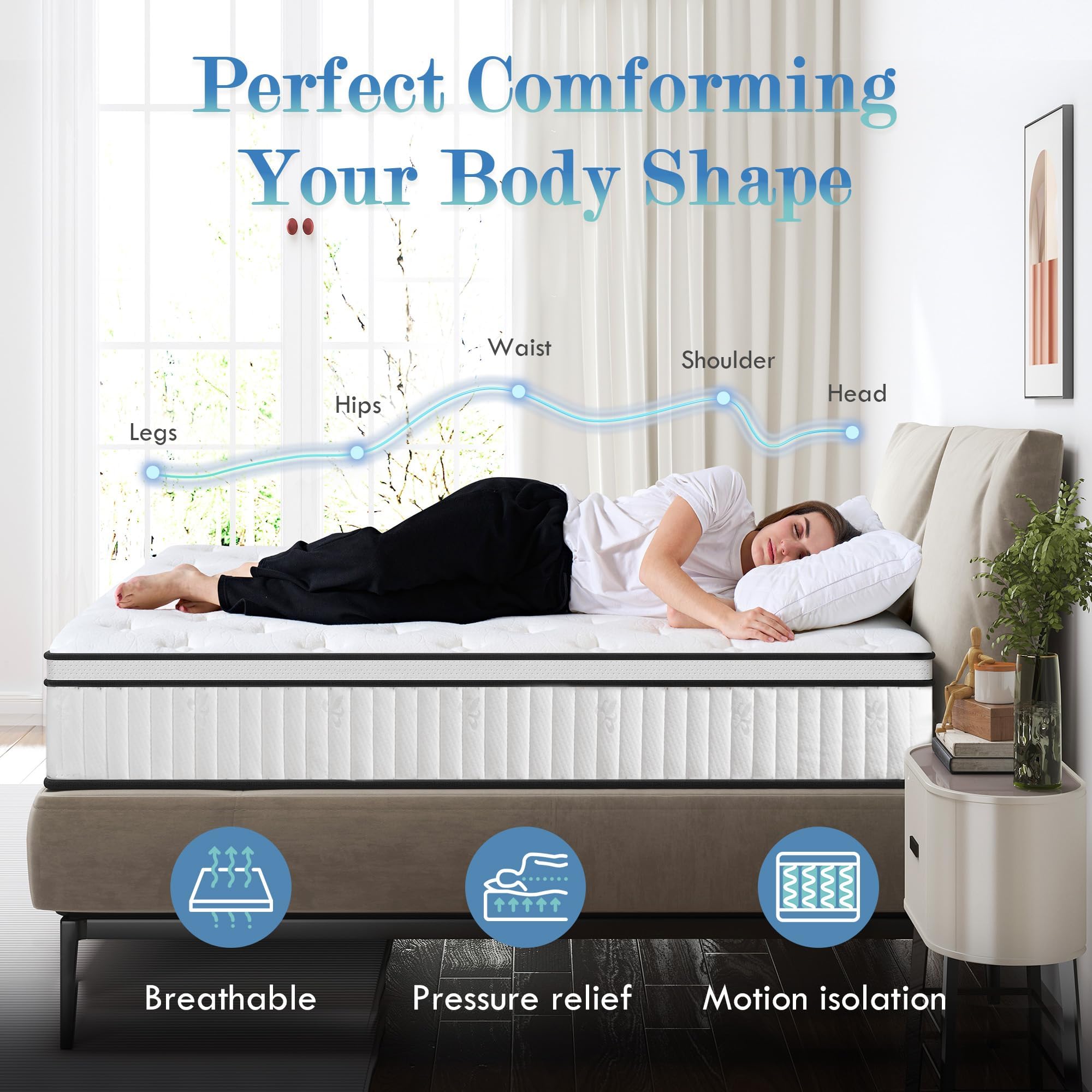 Wellynap Twin Mattress,10 Inch Twin Size Mattress,Hybrid Mattress Twin in a Box,Individually Pocketed Innerspring,Fiberglass-Free Mattress,Medium Firm120 Nights Risk-Free Trial