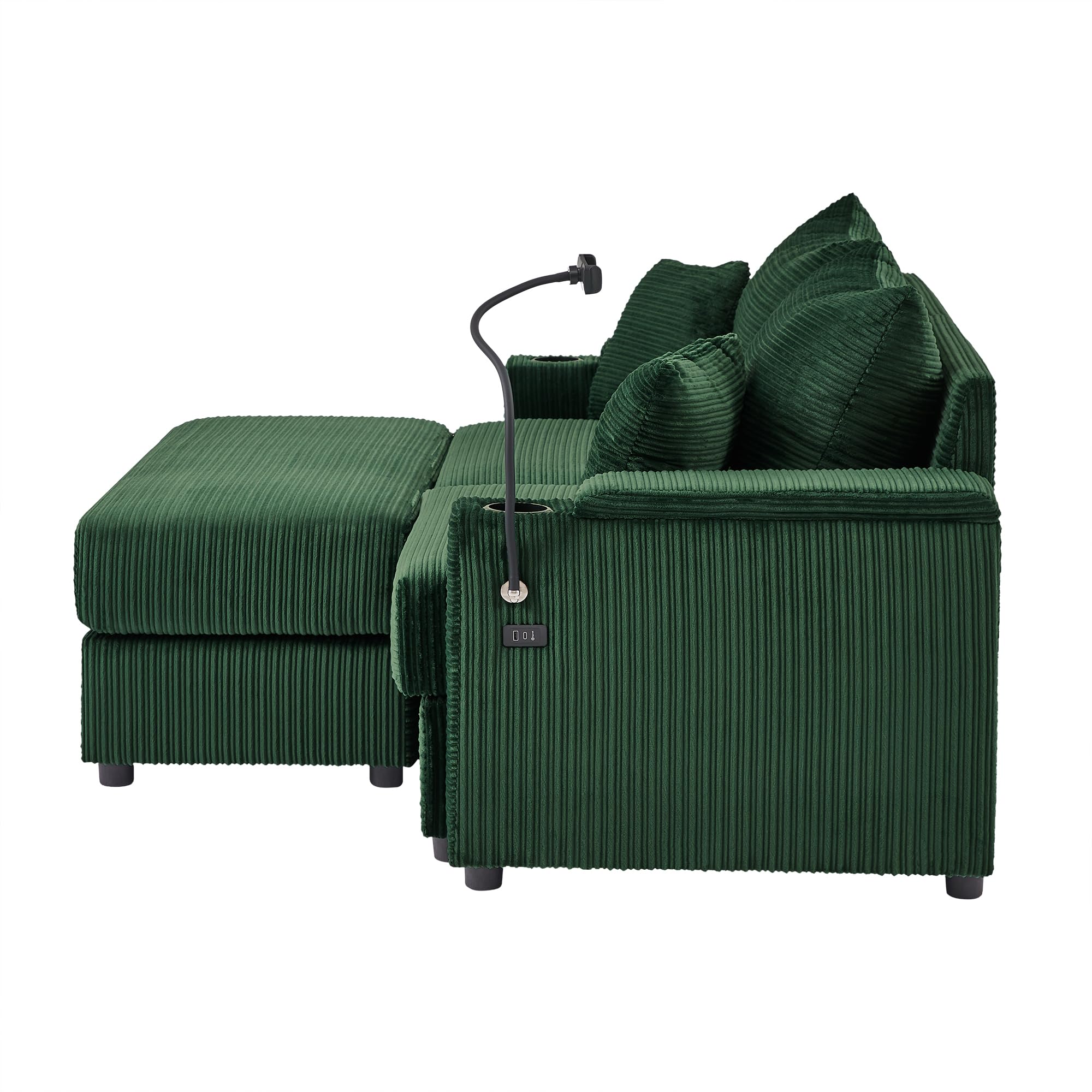 Modern L-Shaped Sectional Sofa with Chaise,Two USB Ports & Cup Holders, Loveseat Couch with A Phone Holder for Small Space Green