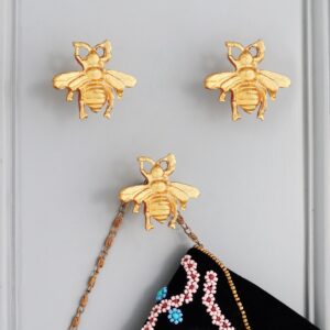 indian shelf 3 pieces bee decorative wall hooks gold bumble bee vintage coat hooks for hanging things, towels, purse, bags, backpack