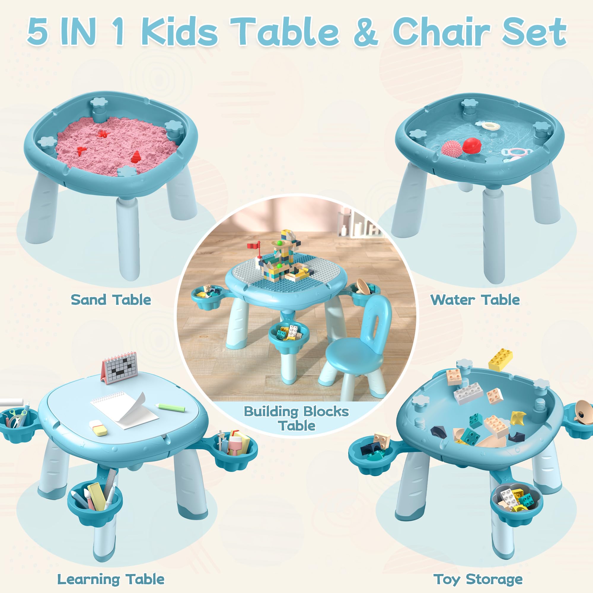 GITAWUSA Toddler Table and Chair Set, Kids Table and Chair with Double-Side Tabletop, Block Table for Toddlers 1-3, Kids Multi-Activity Table with Storage for Daycare/Playroom (Blue)