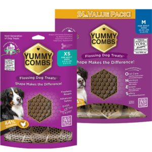 yummy combs - dog dental treats | removes tartar - vet vohc approved | a yummy treat for teeth cleaning - chicken protein | extra small 12oz and medium 24oz