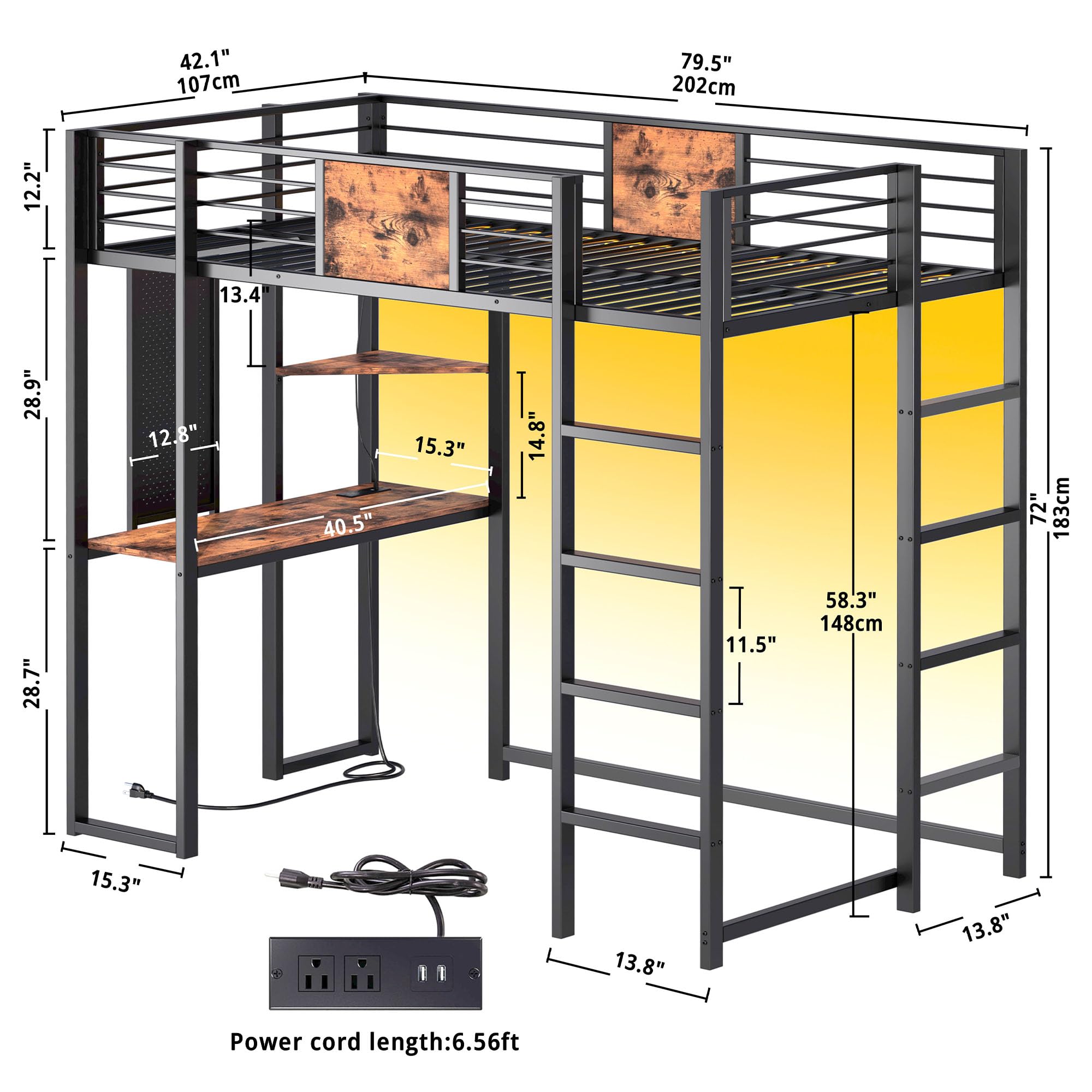 LIKIMIO Twin Metal Loft Bed with Desk and Shelves for Teens Adult, Loft Bed Frame with 2 Built-in Ladders, Power Outlet and LED Lighted, Space-Saving, Safety Guard & Ladder, Noise Free, Black