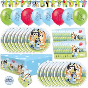 unique bluey birthday decorations and supplies | serves 16 guests | bluey banner, bluey tablecloth, bluey balloons, bluey plates and napkins, sticker | bluey party decorations | officially licensed