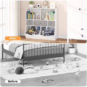 Amyove Kids Toy Storage Organizer, Kids Bookshelf with 2 Bookshelfs, 3 Removement Drawers and 2 Cubbies, Toy Organizers and Storage for Living Room, Kids Bedroom, Nursery, Playroom, White