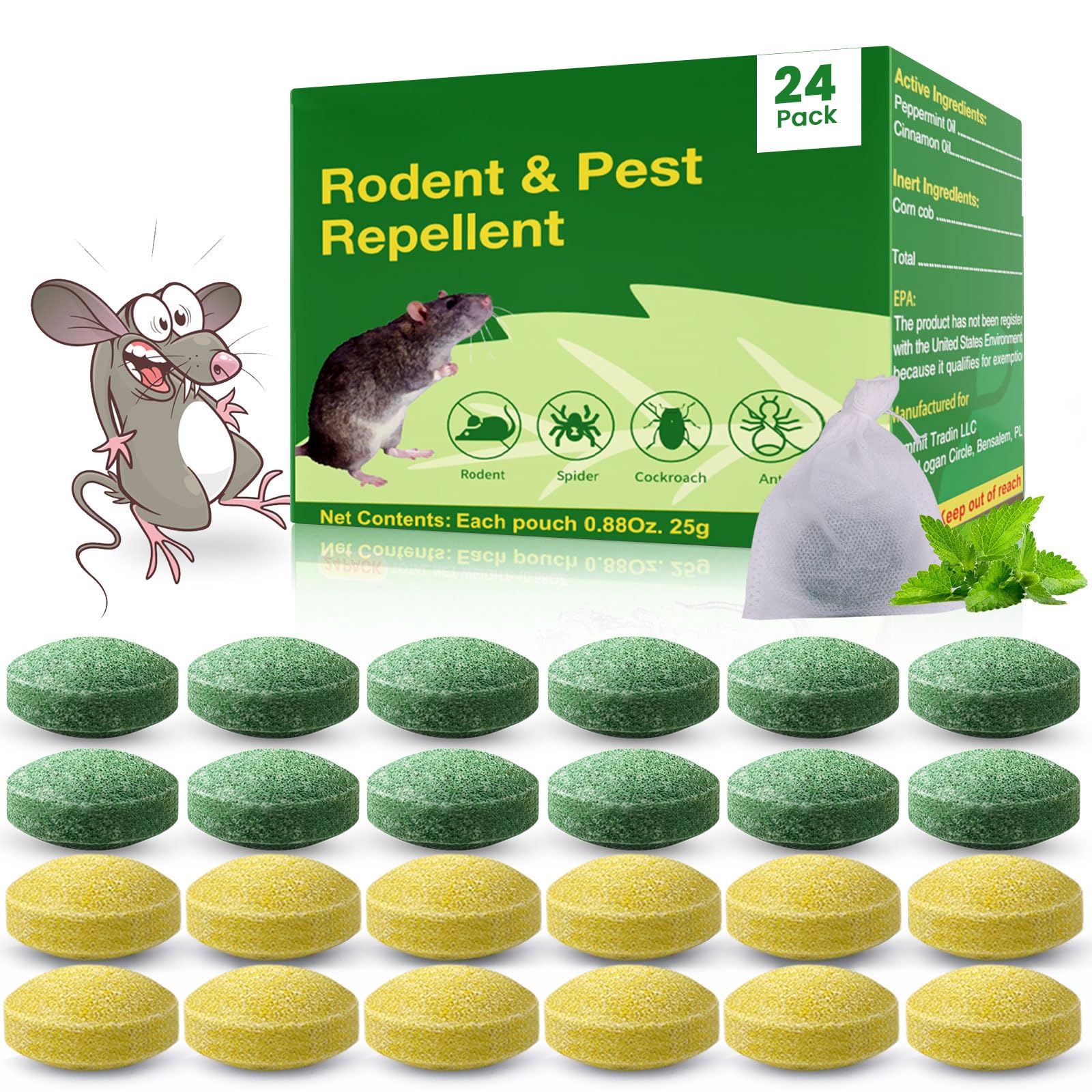 Mouse Repellent Outdoor, 24 Pack Peppermint Oil Mouse and Squirrel Deterrent for Indoor Attic Garage, Safe for Pets & Family, Natural Repellent to Keep Rodents Away from Garden and Home