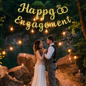 Happy Engagement Banner, Glitter Gold Congratulations Wedding Decorations Marriage Proposal Just Engaged Banner for Bride-To-Be Groom-To-Be Lovers Anniversary Party Supplies (Unassembled)