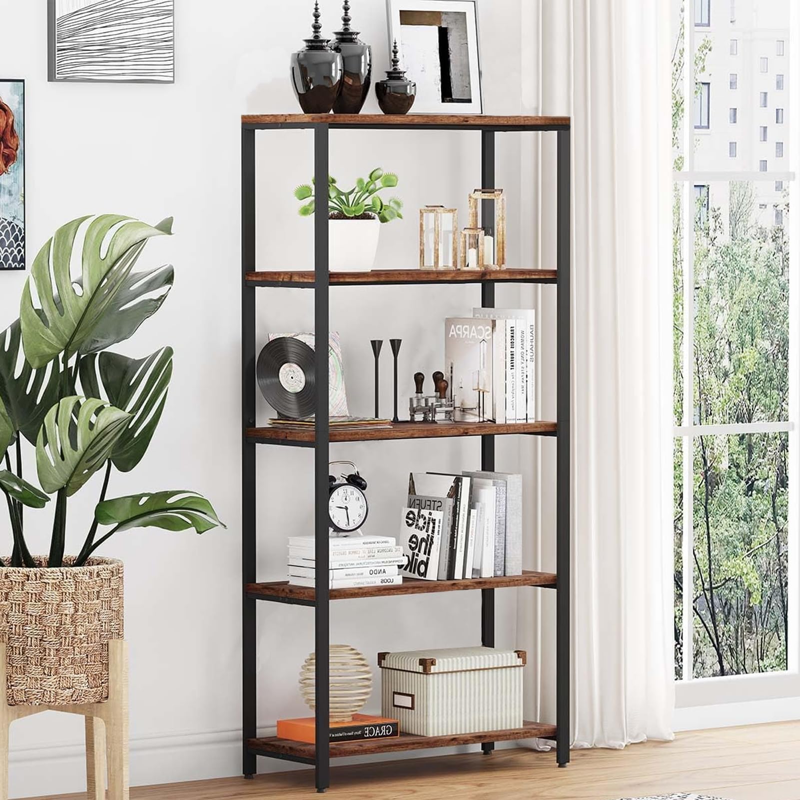 VKETU Tall Bookshelf, 5 Tier Etagere Bookcase, Free Standing Open Book Shelves, Rustic Industrial Bookshelf with Metal Frame, Storage Display Shelf for Bedroom Home Office Living Room (Brown)