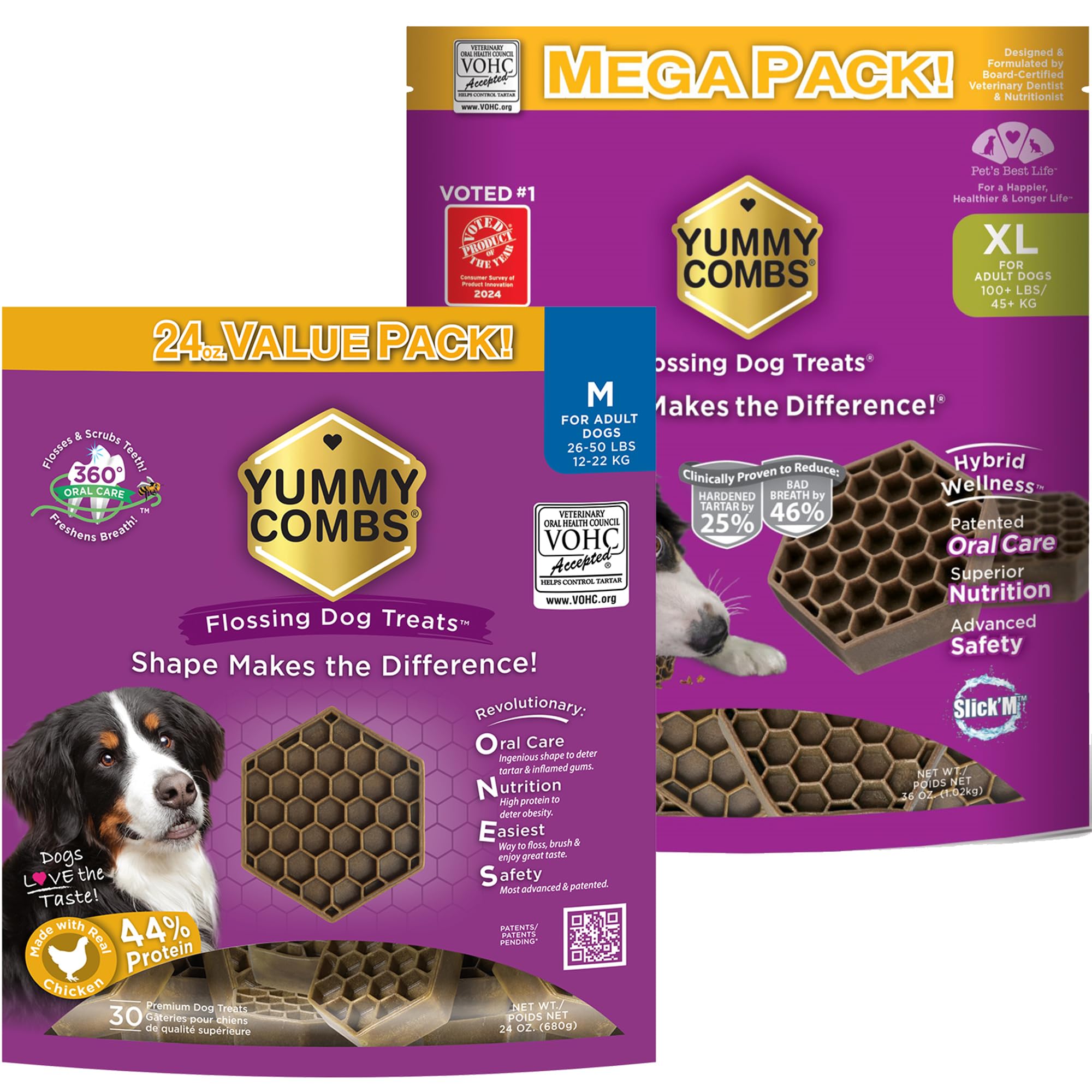 Yummy Combs - Dog Dental Treats | Removes Tartar - Vet VOHC Approved | A Yummy Treat for Teeth Cleaning - Chicken Protein | Medium 24oz and Extra Large 36oz